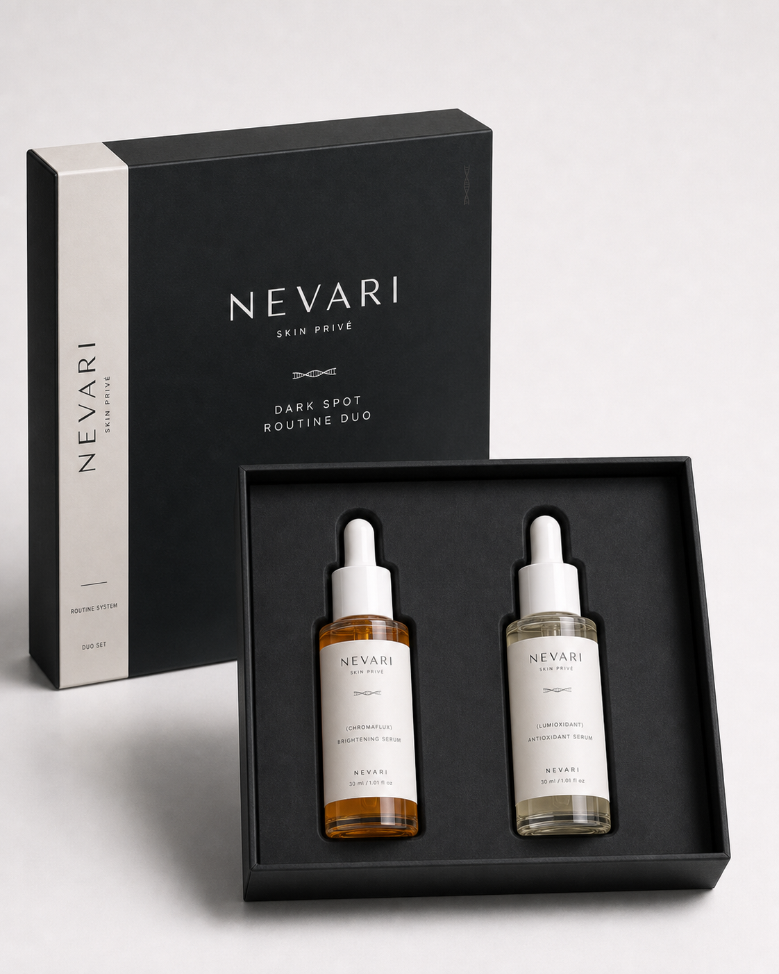 NEVARI Dark Spot Routine Duo collection box and tray
