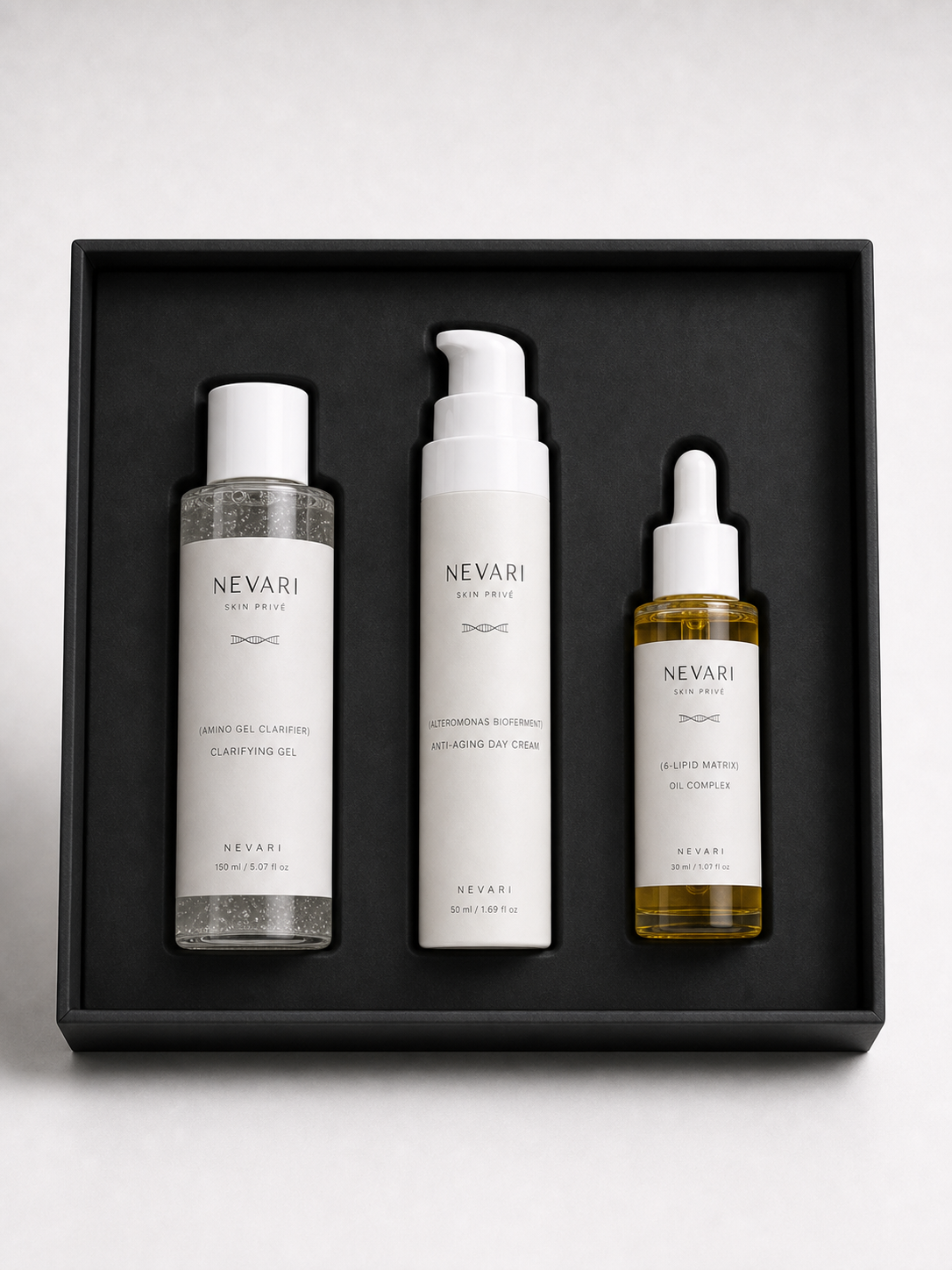 NEVARI Clear Complexion Collection Box inside tray